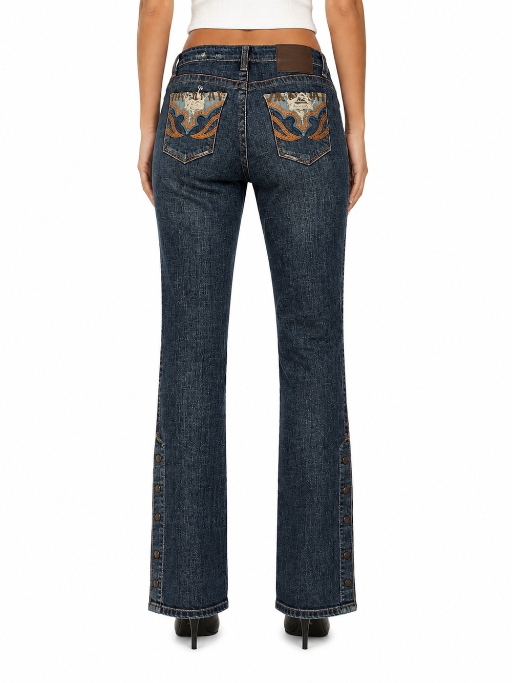 People 4 Peace Y2K Western Distressed Embroidered Button-Hem Flare Jeans 28W 32L